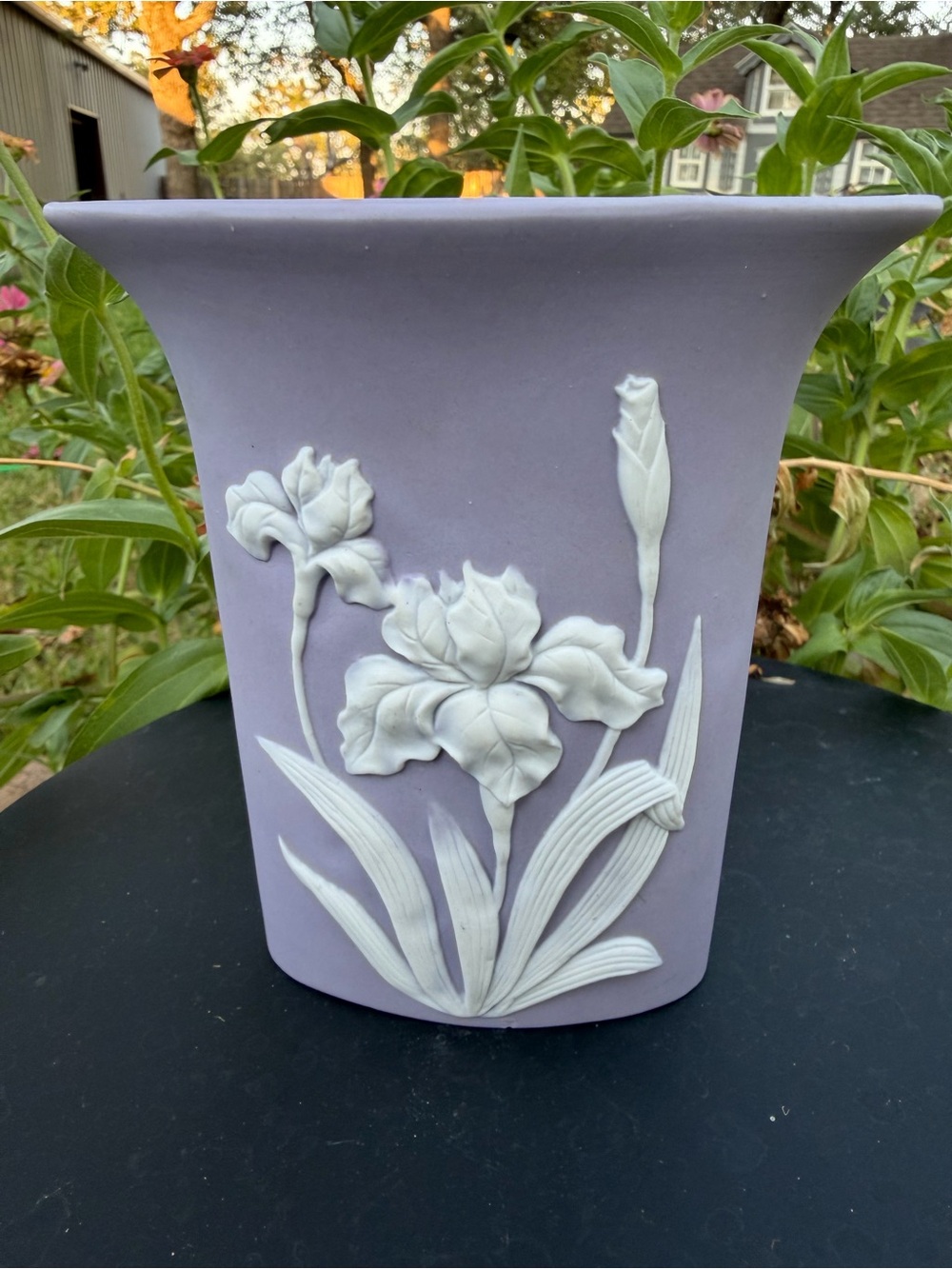 Vintage Lavender Floral Cameo Vase with White Irises 5.5x5" by Ucagco*